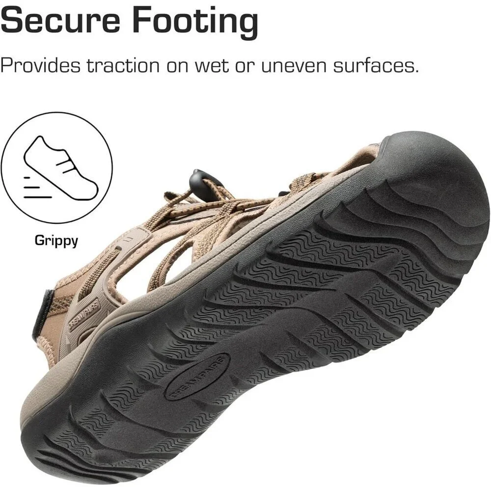 Casual Hiking Sandals Men's Khaki Athletic Cushioned Closed Toe Fisherman Shoes